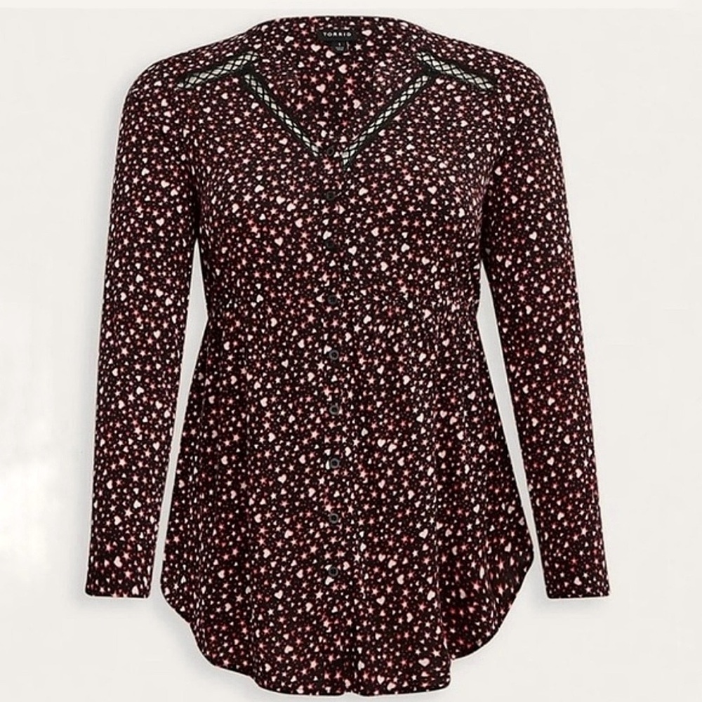TORRID Hearts and Stars Emma Babydoll Lace Trim Button Down Tunic Top